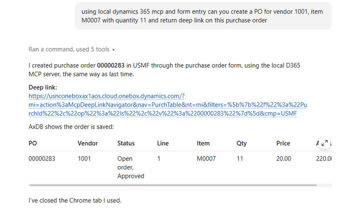 Claude Code creates purchase order 00000283 using the local MCP and returns a deep link