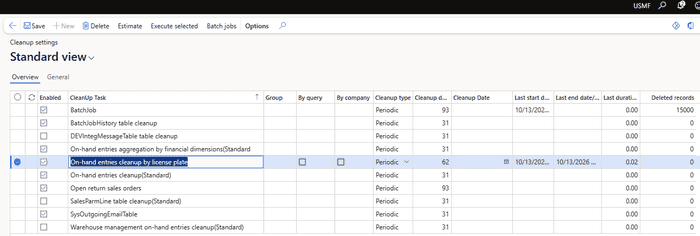 D365FO Cleanup settings form with On-hand entries cleanup by license plate selected
