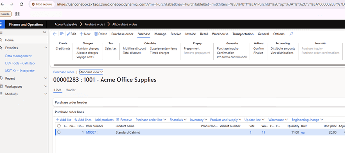Purchase order 00000283 for vendor 1001 and item M0007, with quantity 11 and unit price 20