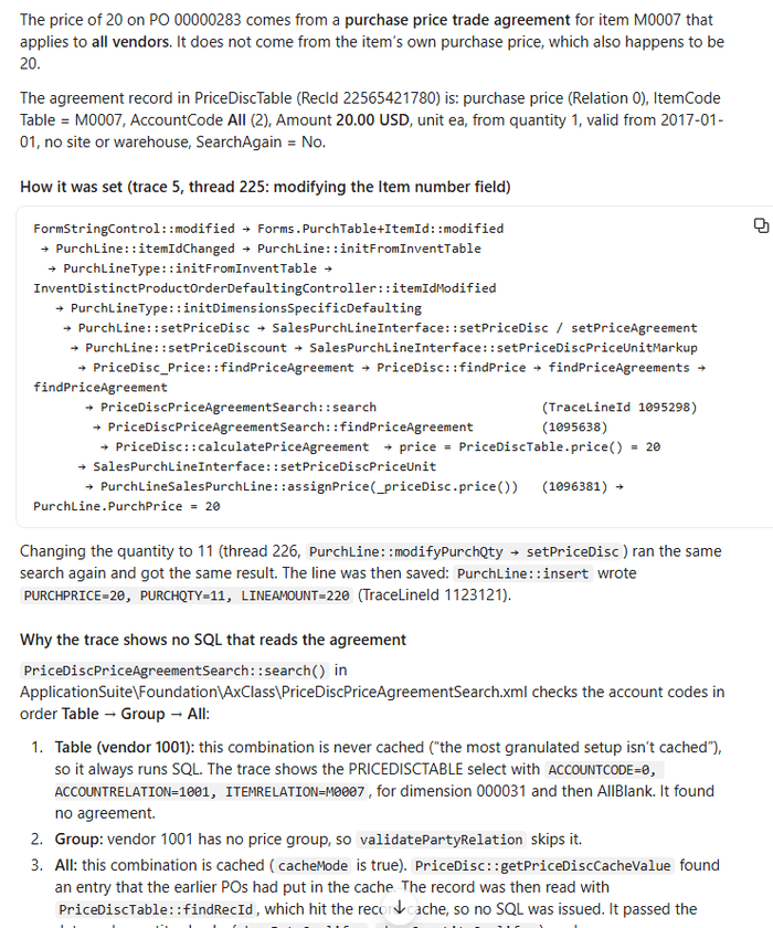 Trace analysis linking the purchase price to a trade agreement, the X++ call stack and the price cache
